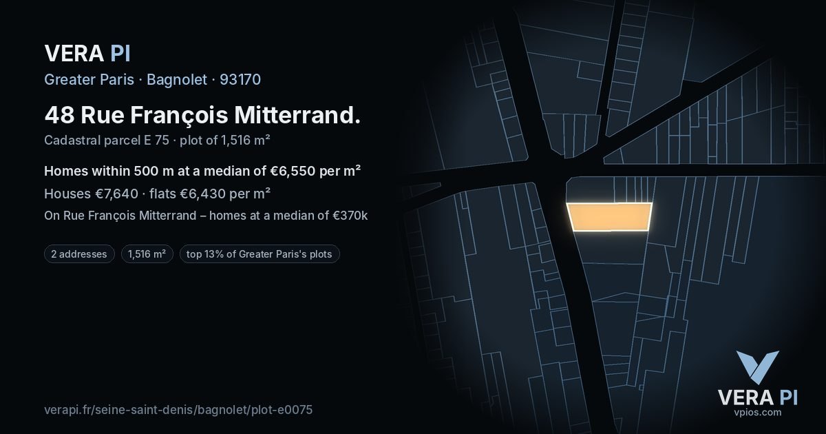48 Rue François Mitterrand, Bagnolet at night – the plot lit, the parcels around coloured by the prices near them