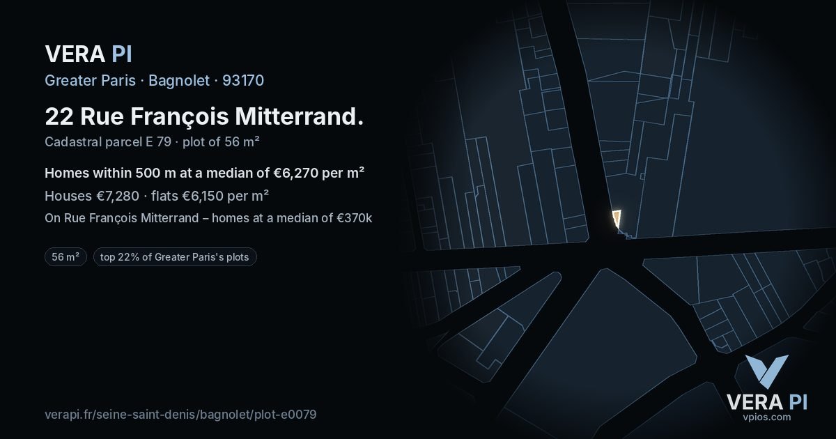 22 Rue François Mitterrand, Bagnolet at night – the plot lit, the parcels around coloured by the prices near them