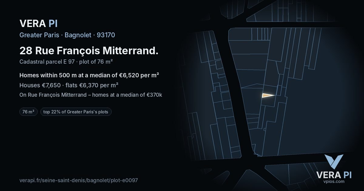 28 Rue François Mitterrand, Bagnolet at night – the plot lit, the parcels around coloured by the prices near them
