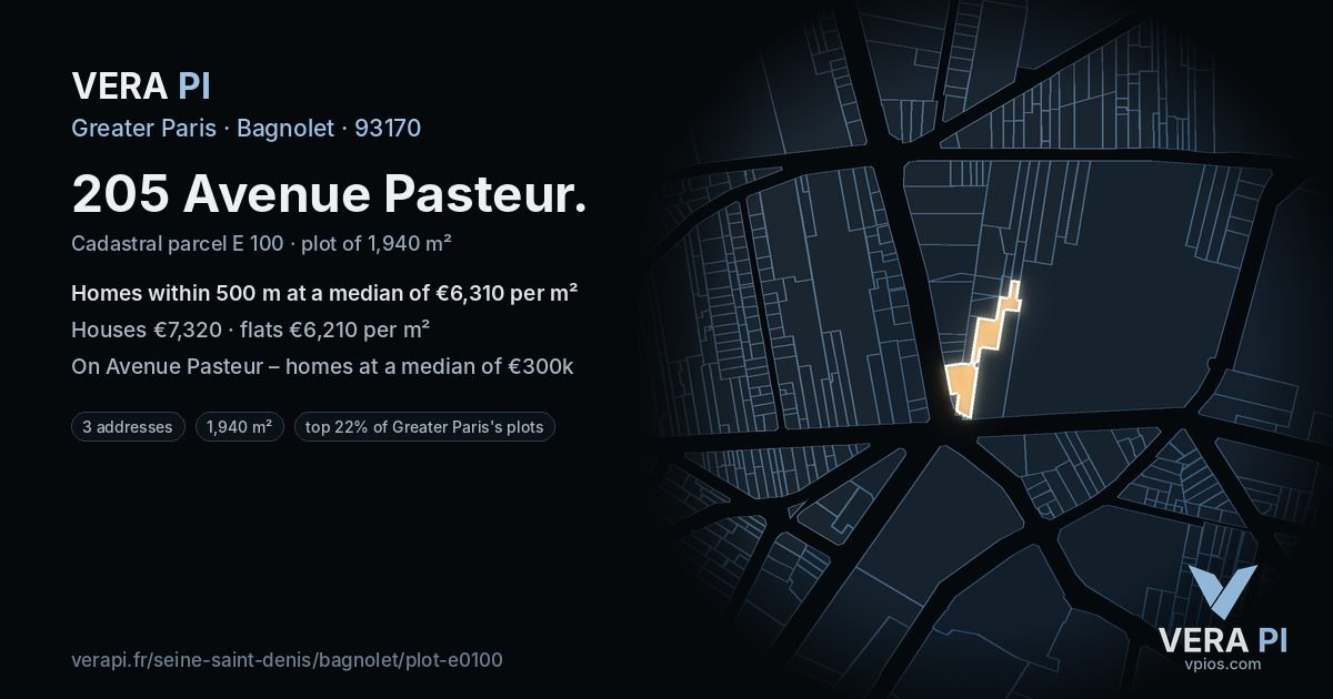 205 Avenue Pasteur, Bagnolet at night – the plot lit, the parcels around coloured by the prices near them