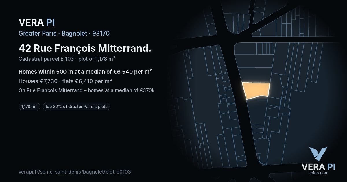 42 Rue François Mitterrand, Bagnolet at night – the plot lit, the parcels around coloured by the prices near them