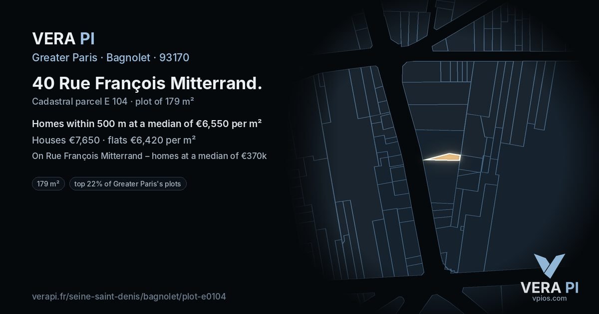 40 Rue François Mitterrand, Bagnolet at night – the plot lit, the parcels around coloured by the prices near them