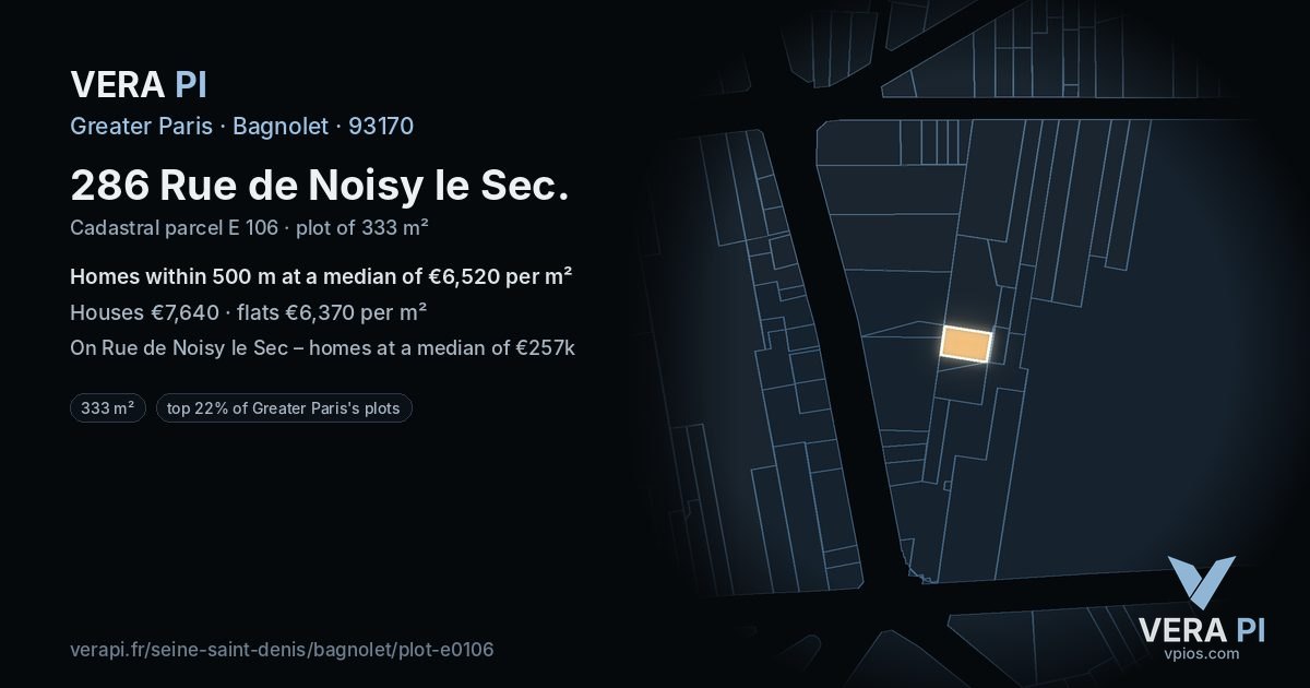 286 Rue de Noisy le Sec, Bagnolet at night – the plot lit, the parcels around coloured by the prices near them