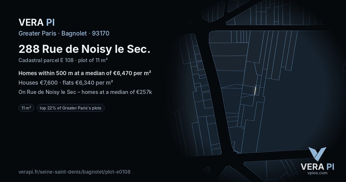 288 Rue de Noisy le Sec, Bagnolet at night – the plot lit, the parcels around coloured by the prices near them