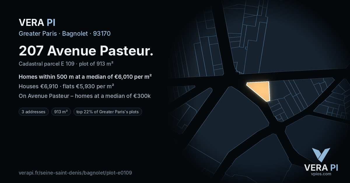 207 Avenue Pasteur, Bagnolet at night – the plot lit, the parcels around coloured by the prices near them