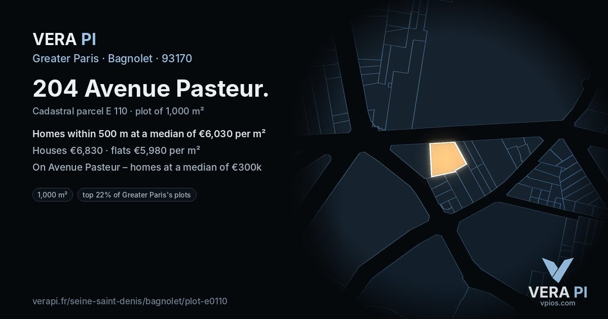 204 Avenue Pasteur, Bagnolet at night – the plot lit, the parcels around coloured by the prices near them