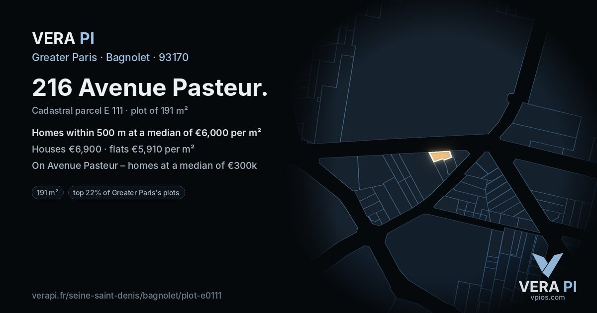 216 Avenue Pasteur, Bagnolet at night – the plot lit, the parcels around coloured by the prices near them