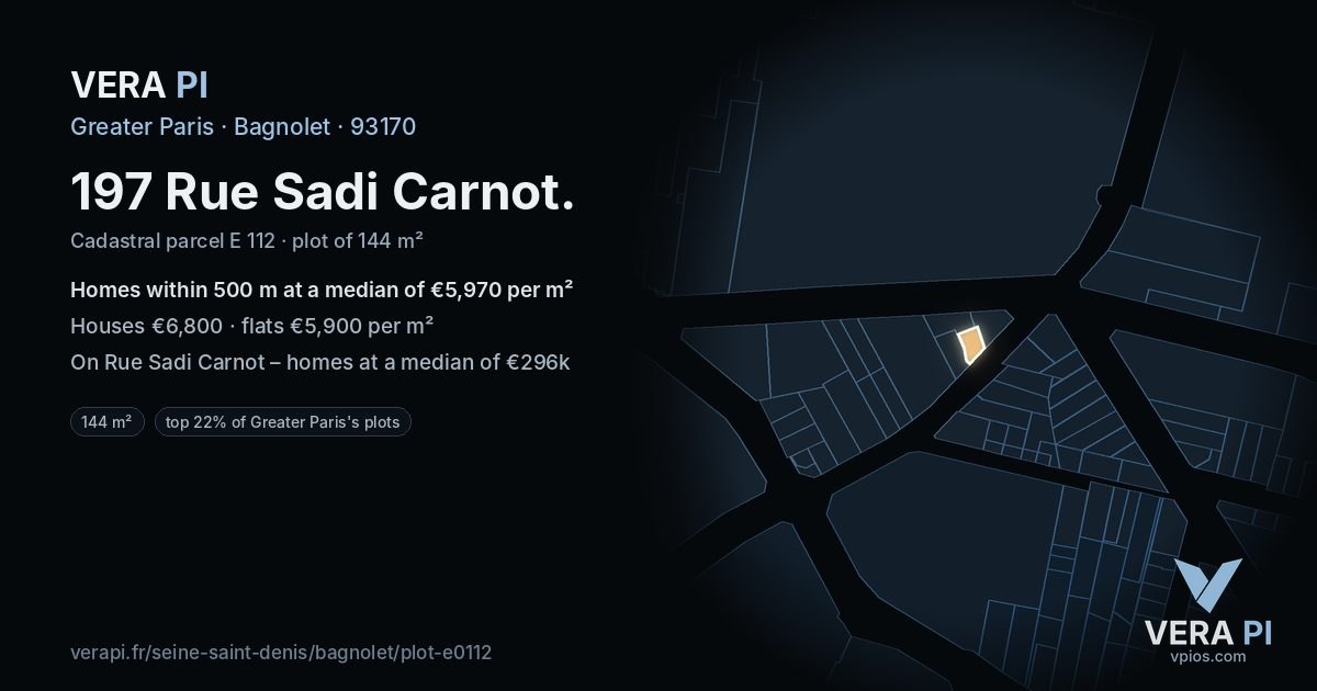 197 Rue Sadi Carnot, Bagnolet at night – the plot lit, the parcels around coloured by the prices near them