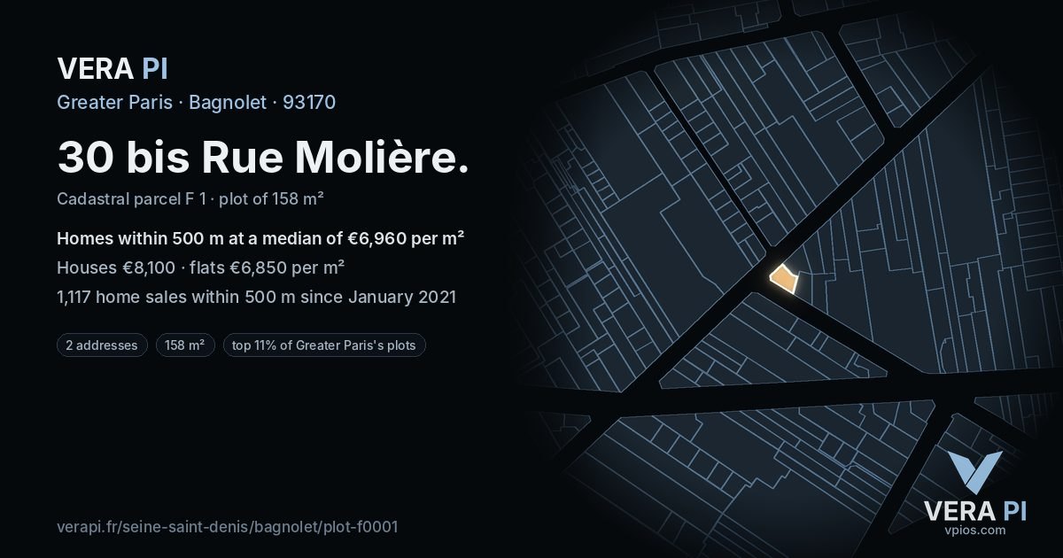 30 bis Rue Molière, Bagnolet at night – the plot lit, the parcels around coloured by the prices near them