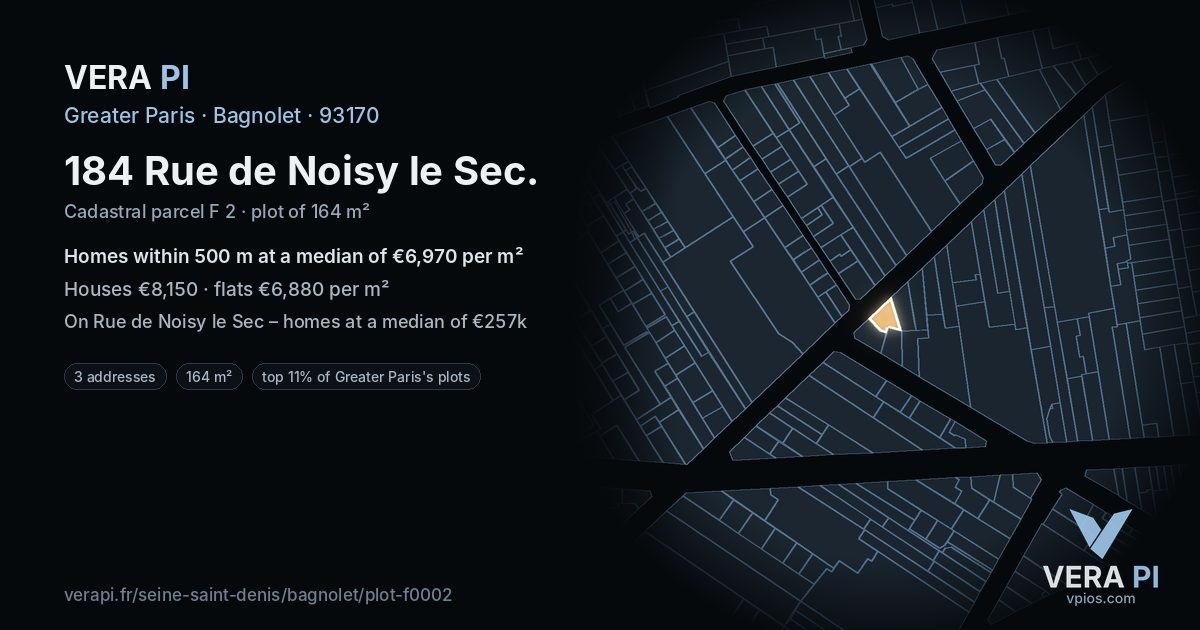 184 Rue de Noisy le Sec, Bagnolet at night – the plot lit, the parcels around coloured by the prices near them