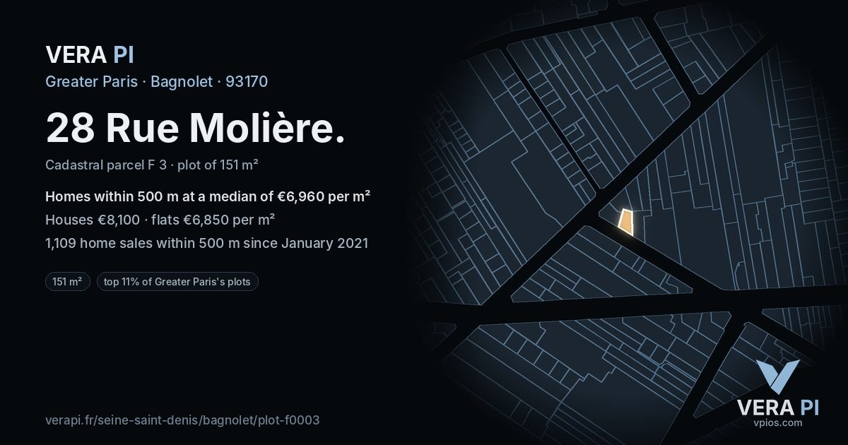 28 Rue Molière, Bagnolet at night – the plot lit, the parcels around coloured by the prices near them