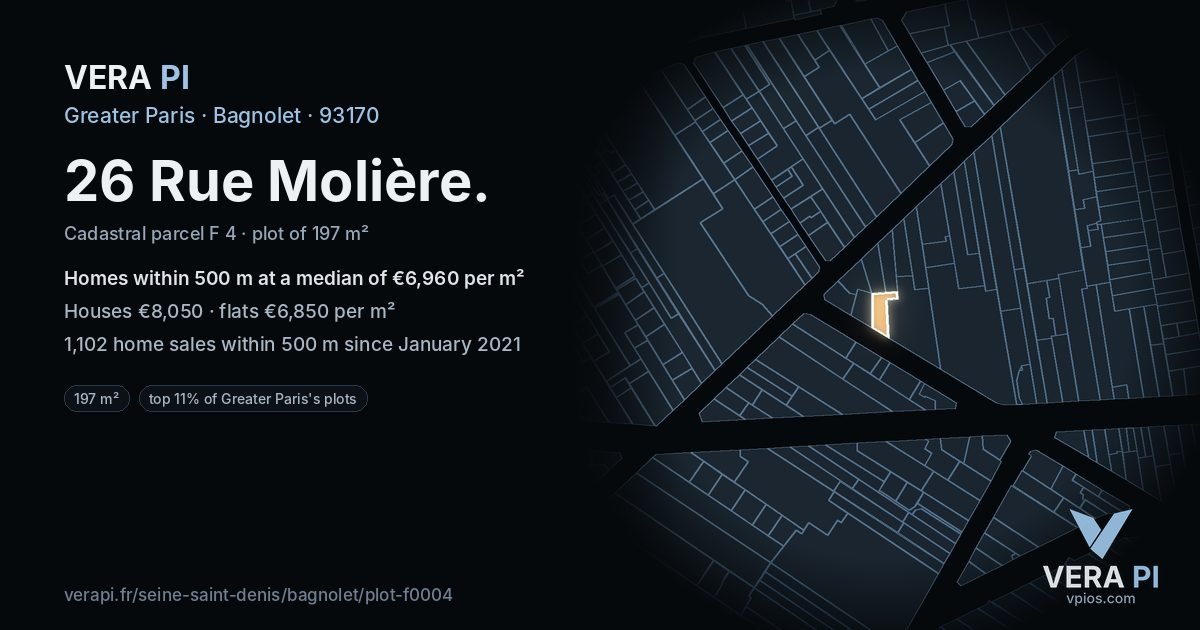 26 Rue Molière, Bagnolet at night – the plot lit, the parcels around coloured by the prices near them