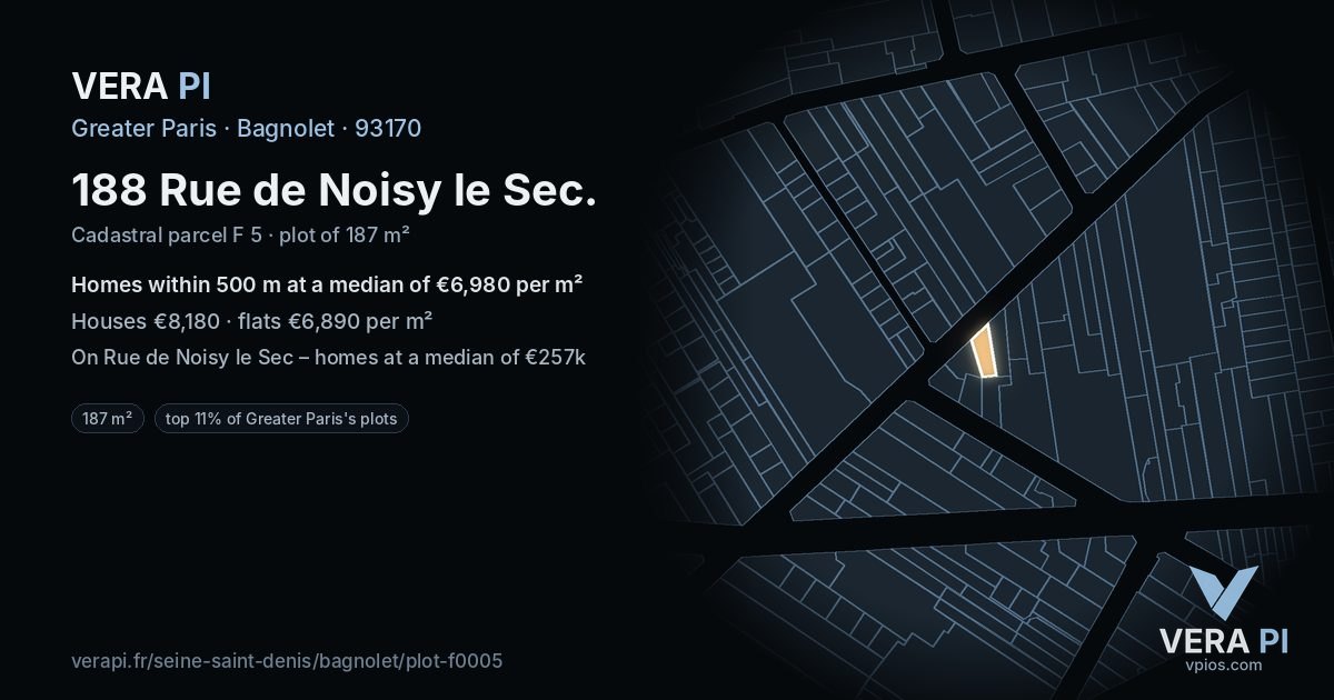 188 Rue de Noisy le Sec, Bagnolet at night – the plot lit, the parcels around coloured by the prices near them