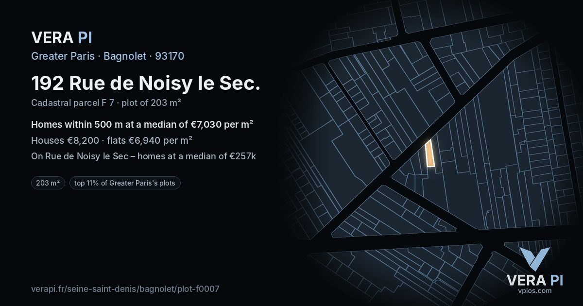 192 Rue de Noisy le Sec, Bagnolet at night – the plot lit, the parcels around coloured by the prices near them