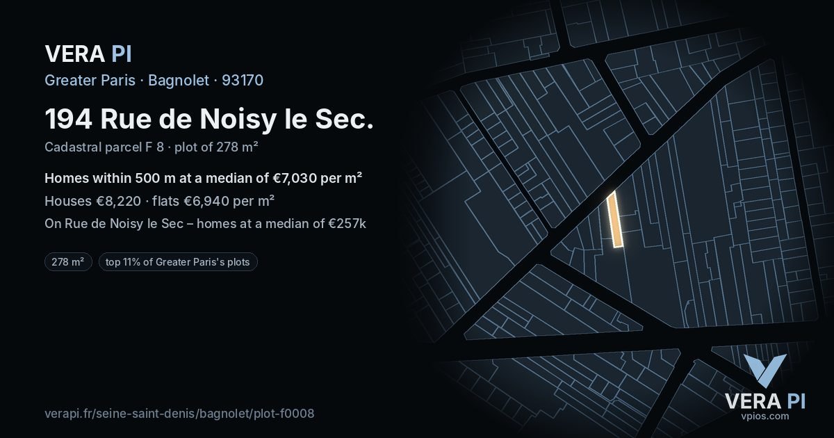 194 Rue de Noisy le Sec, Bagnolet at night – the plot lit, the parcels around coloured by the prices near them