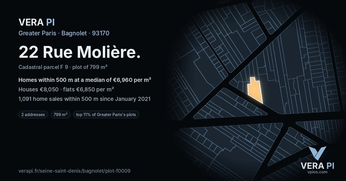22 Rue Molière, Bagnolet at night – the plot lit, the parcels around coloured by the prices near them