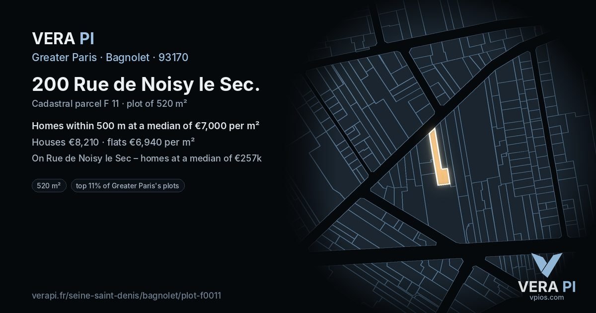 200 Rue de Noisy le Sec, Bagnolet at night – the plot lit, the parcels around coloured by the prices near them