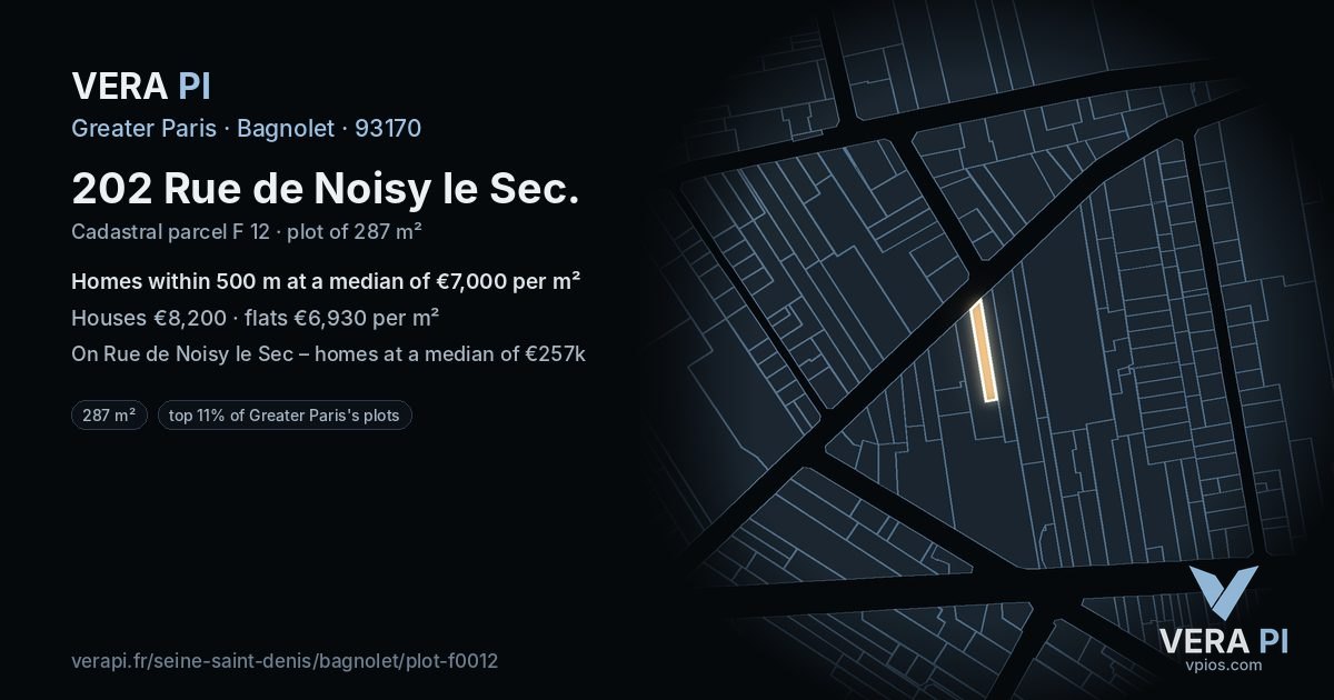 202 Rue de Noisy le Sec, Bagnolet at night – the plot lit, the parcels around coloured by the prices near them