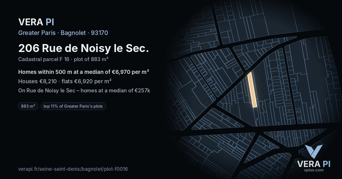 206 Rue de Noisy le Sec, Bagnolet at night – the plot lit, the parcels around coloured by the prices near them