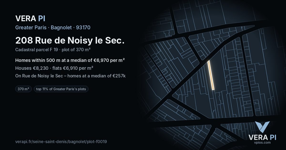 208 Rue de Noisy le Sec, Bagnolet at night – the plot lit, the parcels around coloured by the prices near them