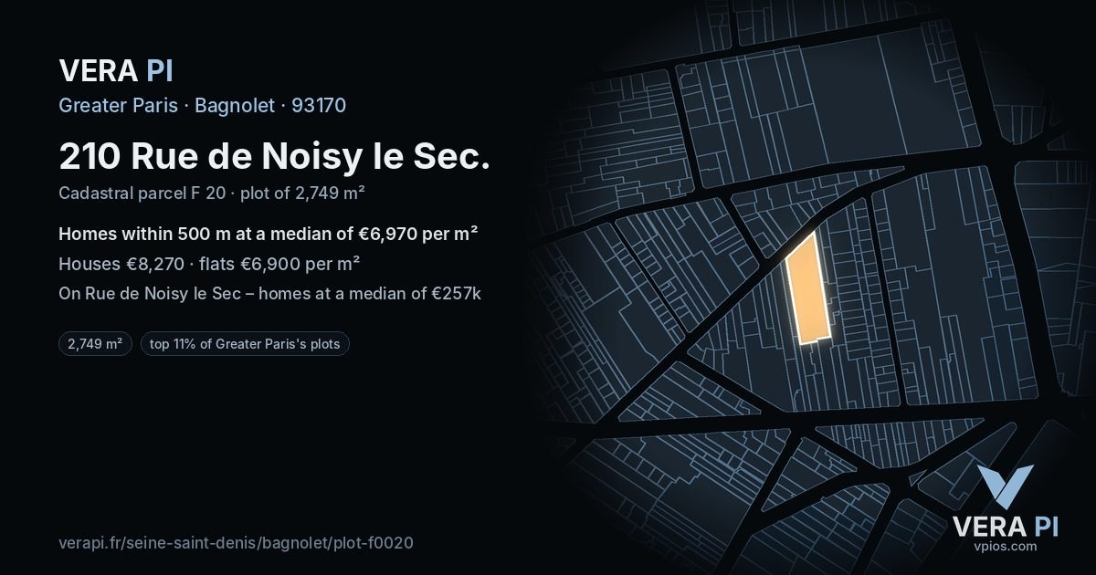 210 Rue de Noisy le Sec, Bagnolet at night – the plot lit, the parcels around coloured by the prices near them