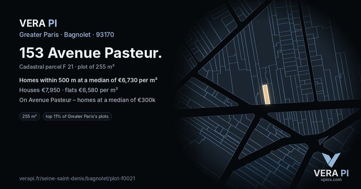 153 Avenue Pasteur, Bagnolet at night – the plot lit, the parcels around coloured by the prices near them