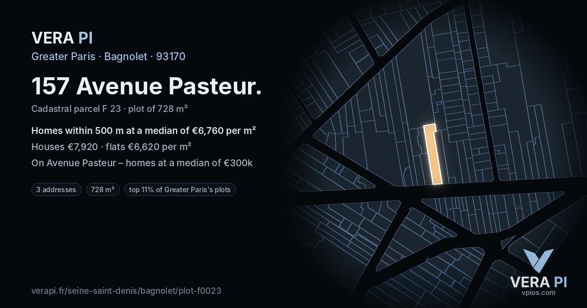 157 Avenue Pasteur, Bagnolet at night – the plot lit, the parcels around coloured by the prices near them