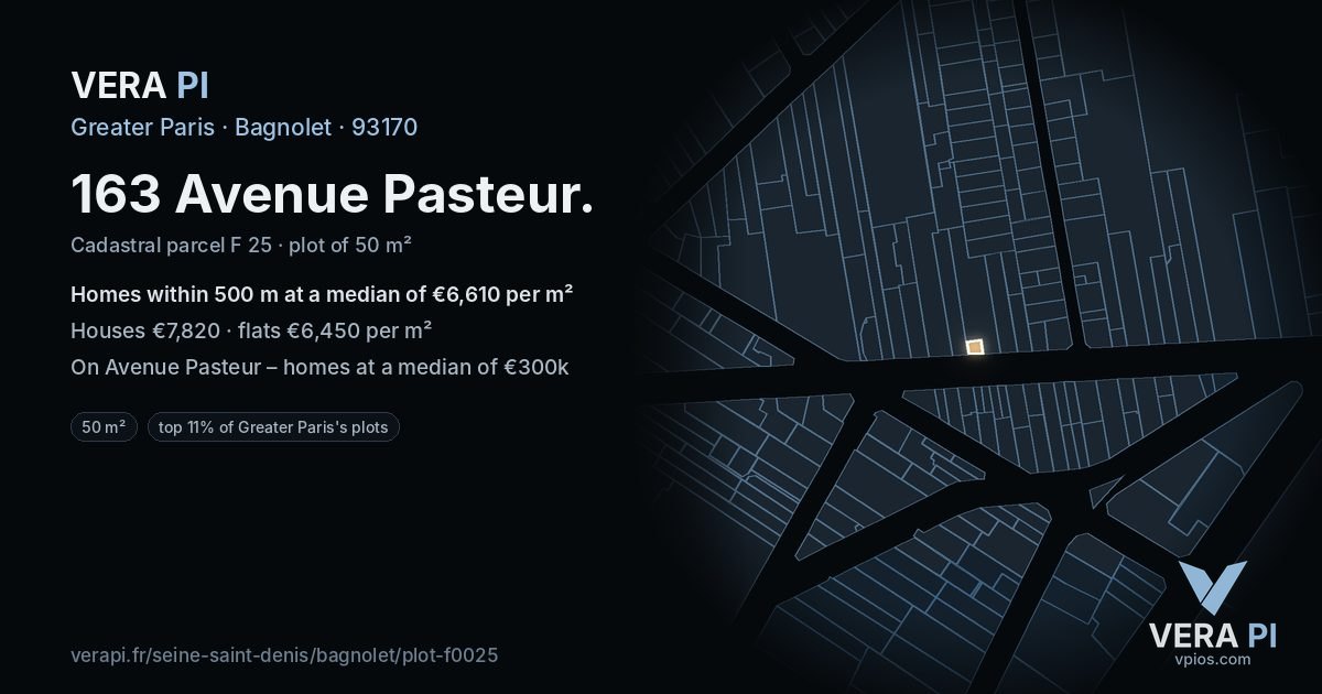 163 Avenue Pasteur, Bagnolet at night – the plot lit, the parcels around coloured by the prices near them