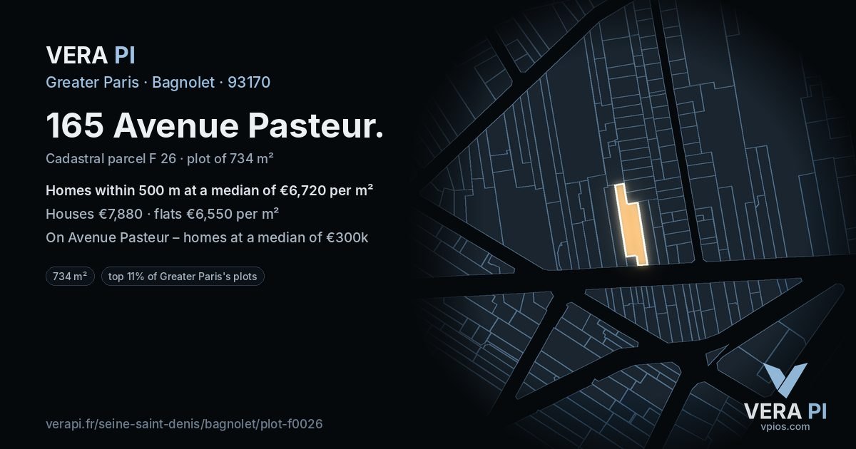 165 Avenue Pasteur, Bagnolet at night – the plot lit, the parcels around coloured by the prices near them