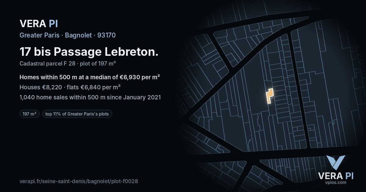 17 bis Passage Lebreton, Bagnolet at night – the plot lit, the parcels around coloured by the prices near them