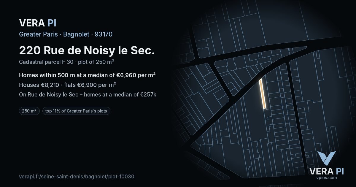 220 Rue de Noisy le Sec, Bagnolet at night – the plot lit, the parcels around coloured by the prices near them