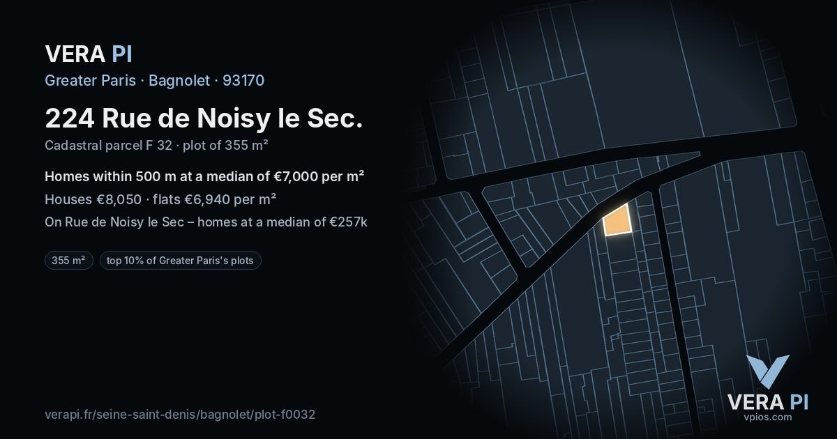 224 Rue de Noisy le Sec, Bagnolet at night – the plot lit, the parcels around coloured by the prices near them