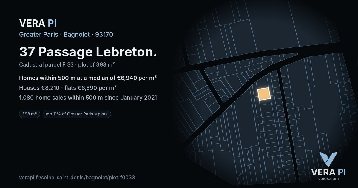 37 Passage Lebreton, Bagnolet at night – the plot lit, the parcels around coloured by the prices near them