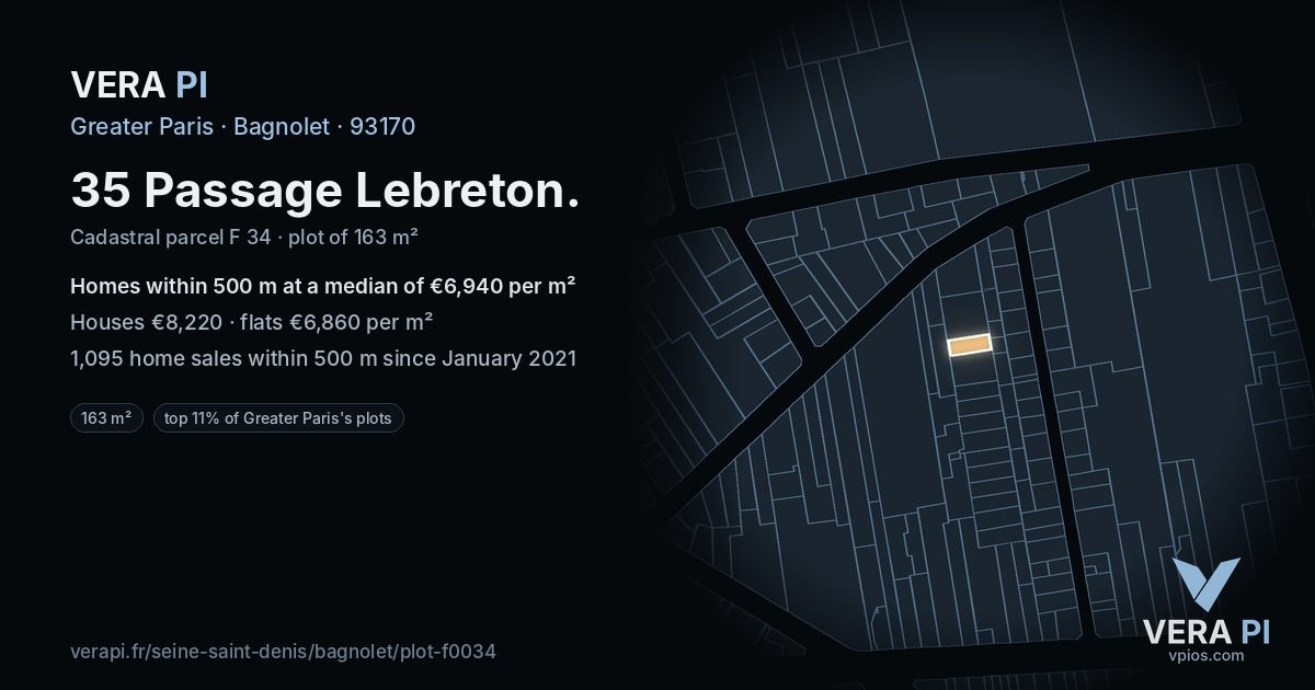 35 Passage Lebreton, Bagnolet at night – the plot lit, the parcels around coloured by the prices near them
