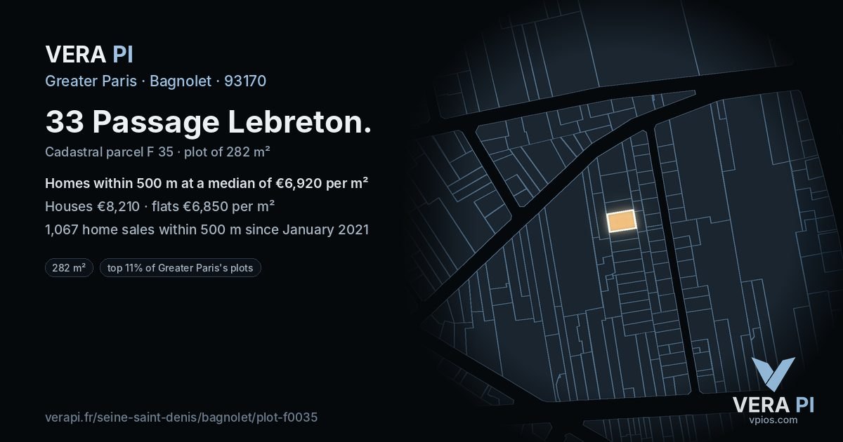 33 Passage Lebreton, Bagnolet at night – the plot lit, the parcels around coloured by the prices near them