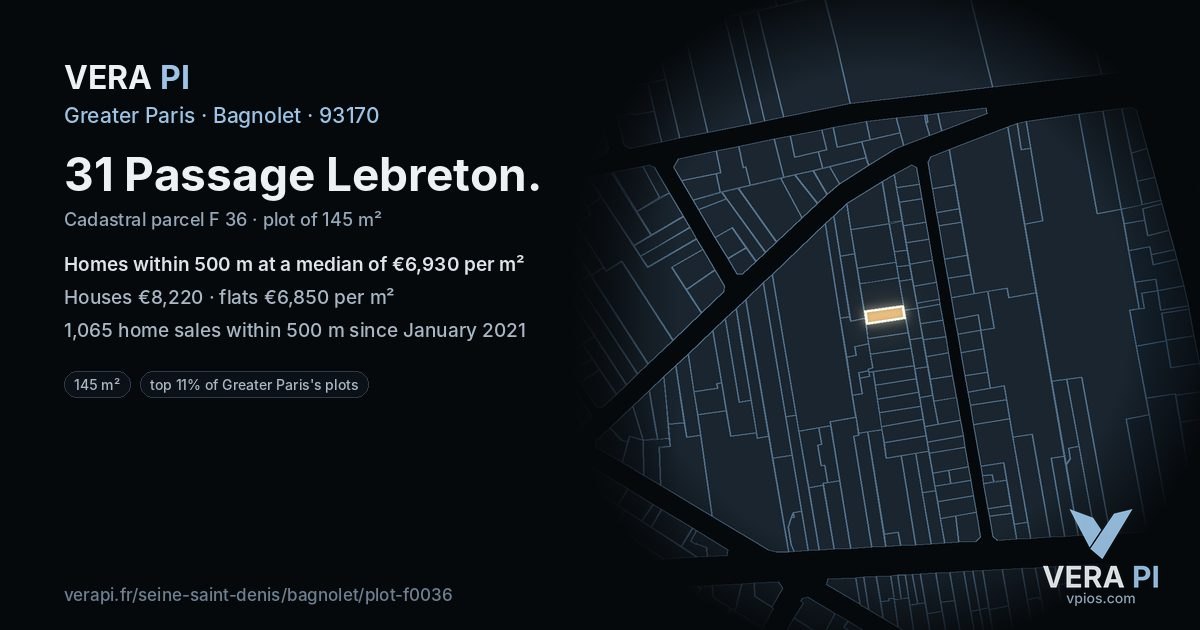 31 Passage Lebreton, Bagnolet at night – the plot lit, the parcels around coloured by the prices near them