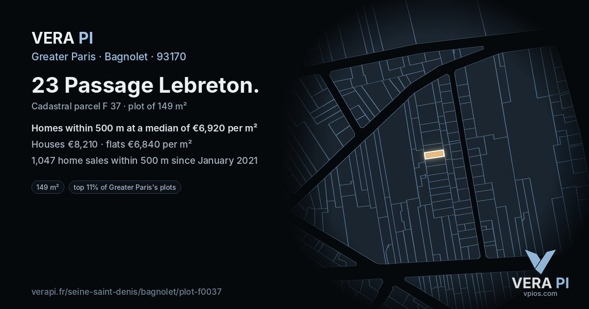 23 Passage Lebreton, Bagnolet at night – the plot lit, the parcels around coloured by the prices near them