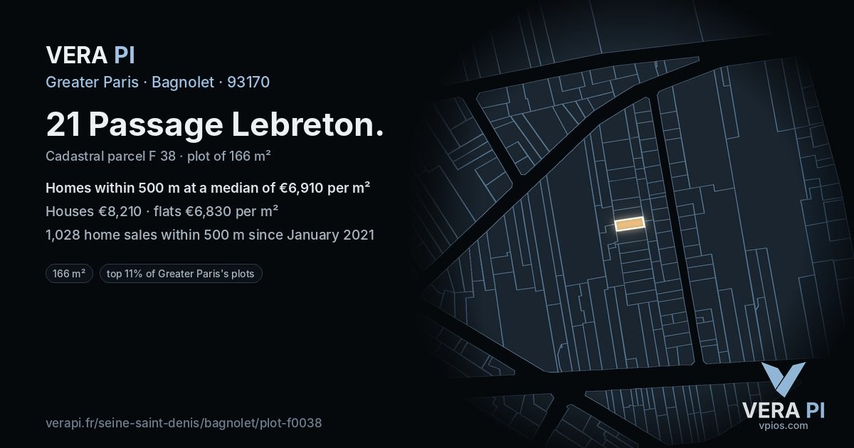 21 Passage Lebreton, Bagnolet at night – the plot lit, the parcels around coloured by the prices near them