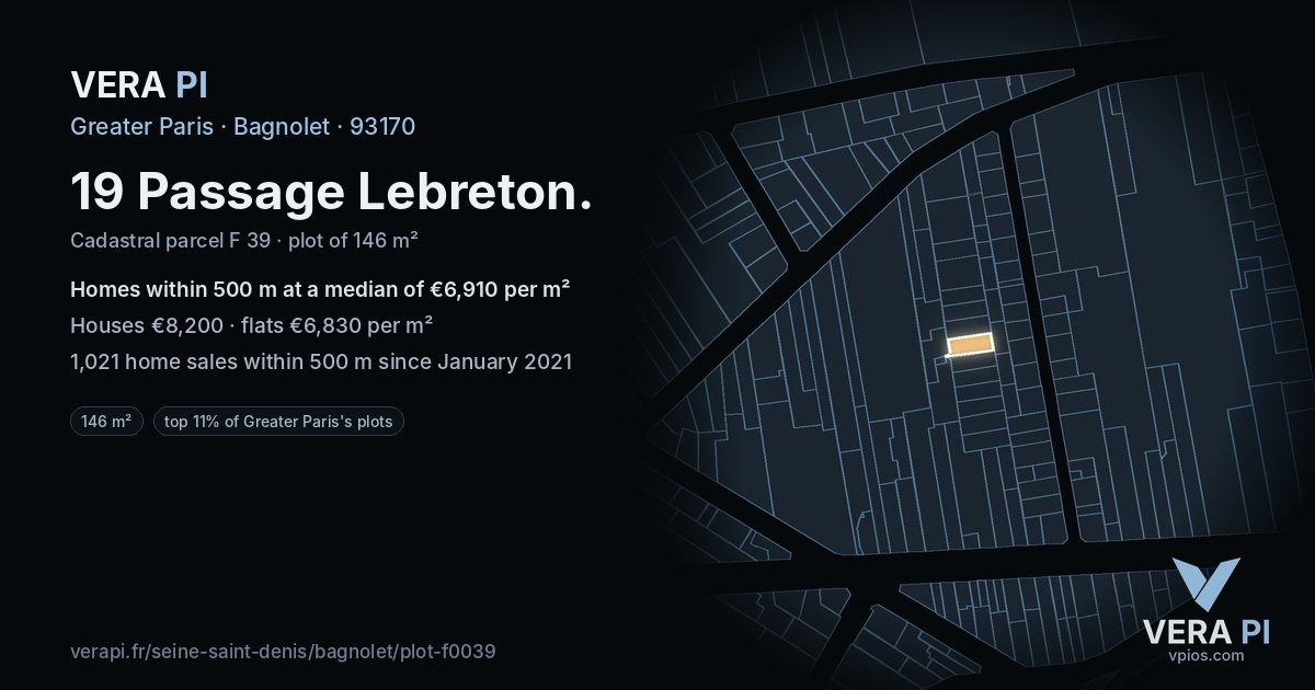 19 Passage Lebreton, Bagnolet at night – the plot lit, the parcels around coloured by the prices near them