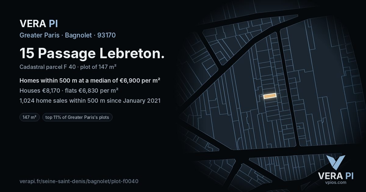 15 Passage Lebreton, Bagnolet at night – the plot lit, the parcels around coloured by the prices near them