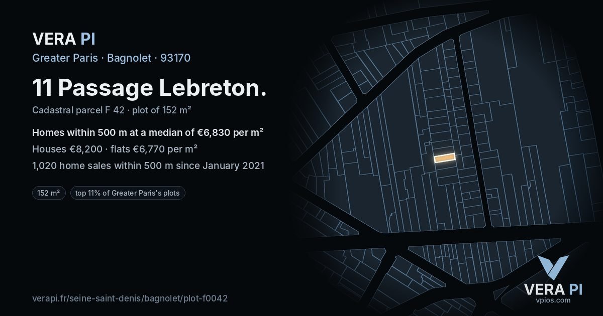 11 Passage Lebreton, Bagnolet at night – the plot lit, the parcels around coloured by the prices near them