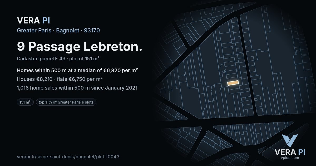 9 Passage Lebreton, Bagnolet at night – the plot lit, the parcels around coloured by the prices near them