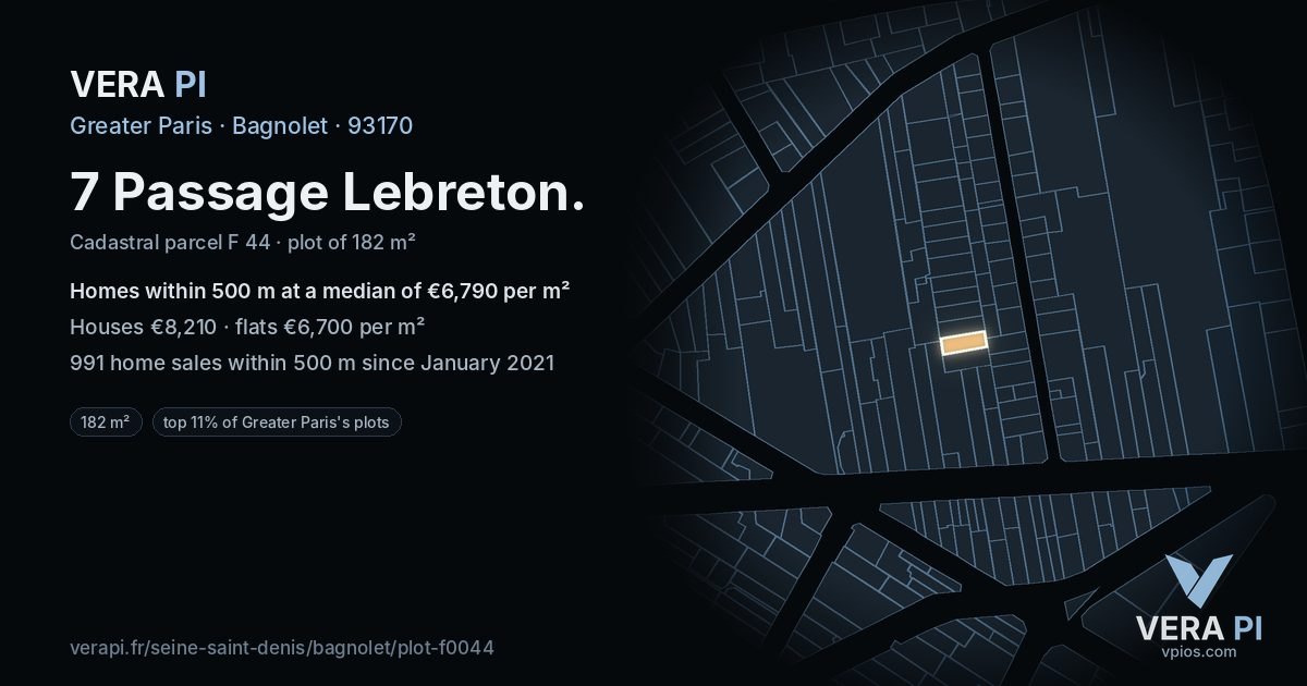 7 Passage Lebreton, Bagnolet at night – the plot lit, the parcels around coloured by the prices near them