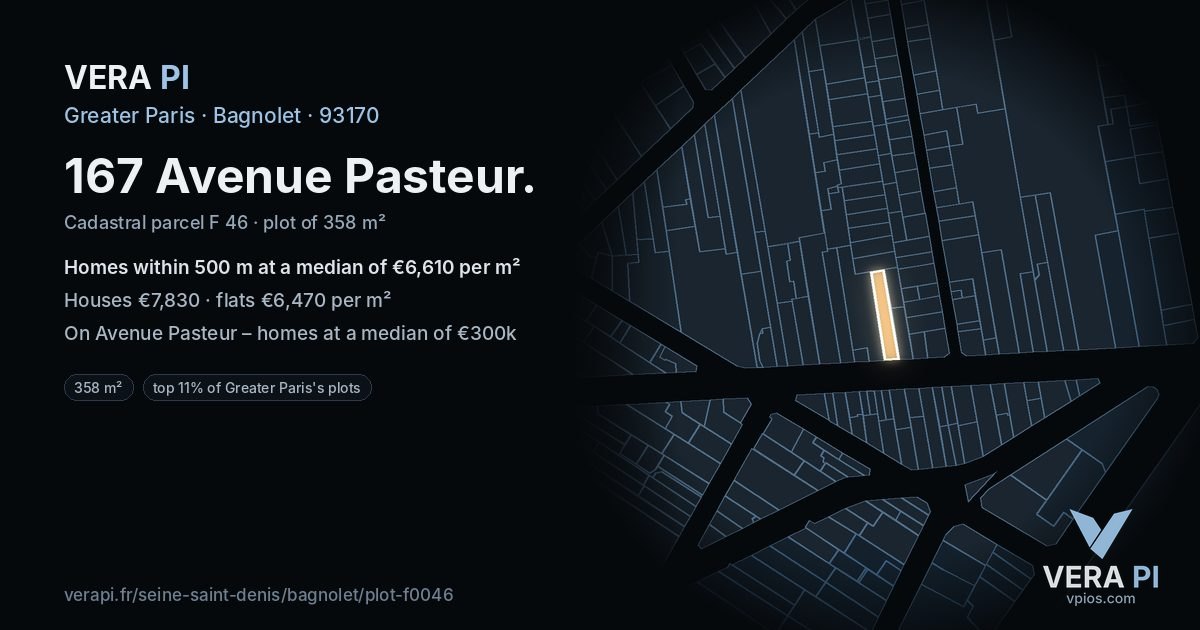 167 Avenue Pasteur, Bagnolet at night – the plot lit, the parcels around coloured by the prices near them
