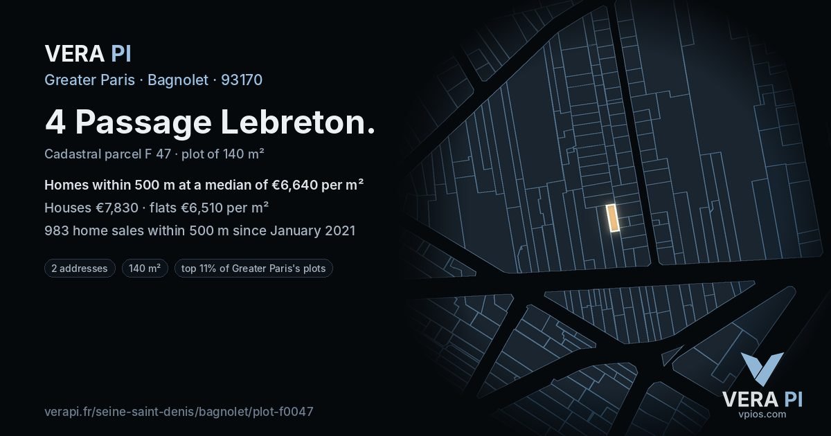 4 Passage Lebreton, Bagnolet at night – the plot lit, the parcels around coloured by the prices near them