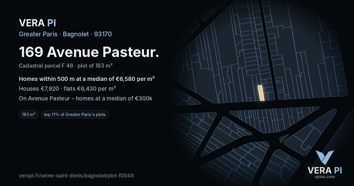 169 Avenue Pasteur, Bagnolet at night – the plot lit, the parcels around coloured by the prices near them