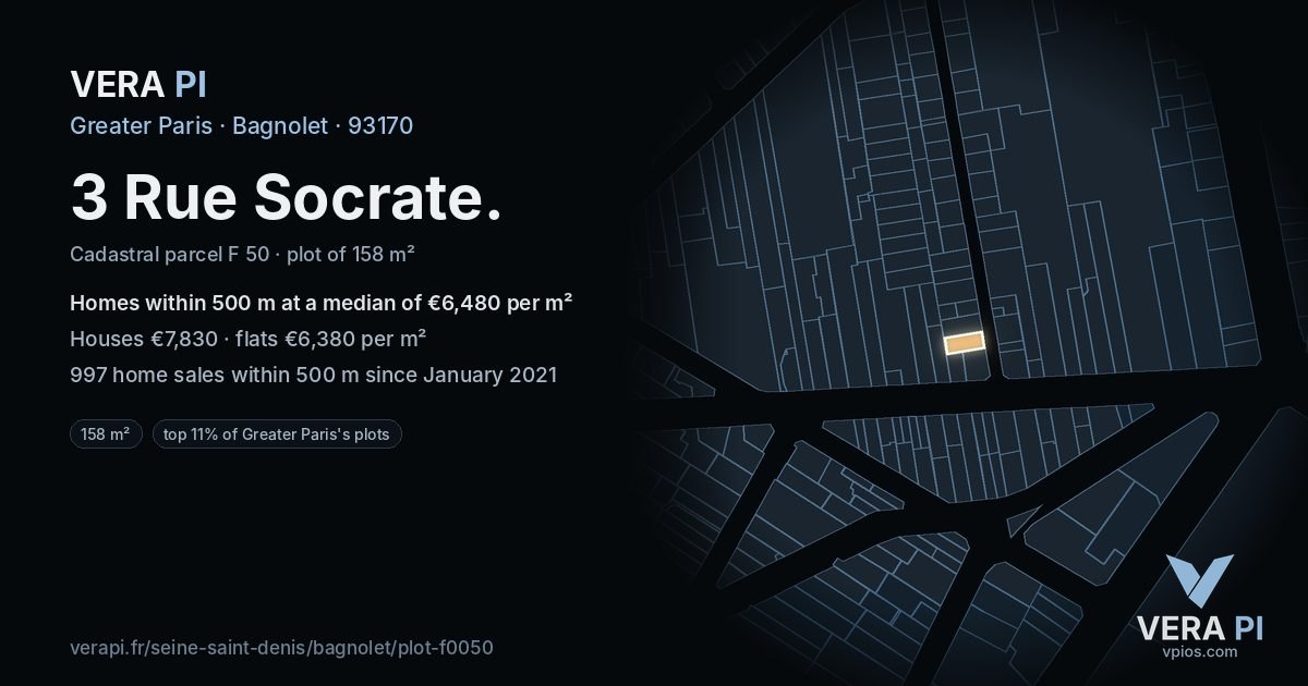 3 Rue Socrate, Bagnolet at night – the plot lit, the parcels around coloured by the prices near them