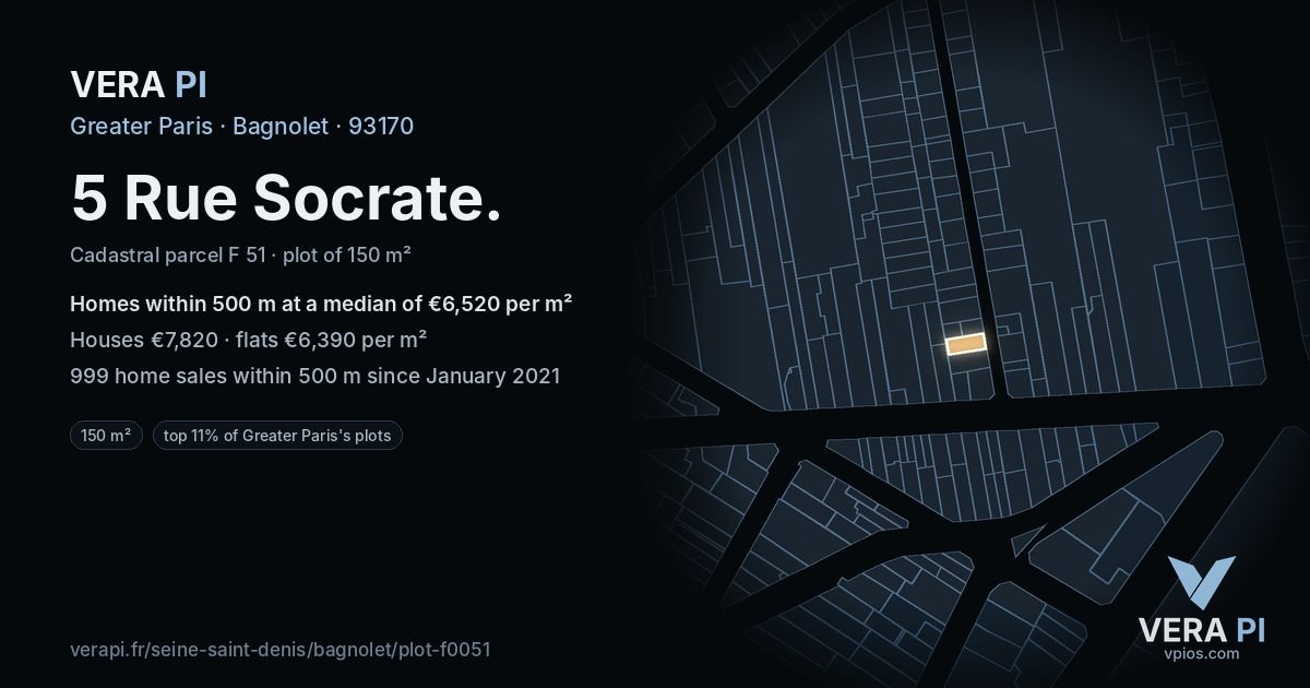 5 Rue Socrate, Bagnolet at night – the plot lit, the parcels around coloured by the prices near them