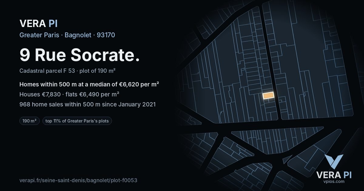 9 Rue Socrate, Bagnolet at night – the plot lit, the parcels around coloured by the prices near them