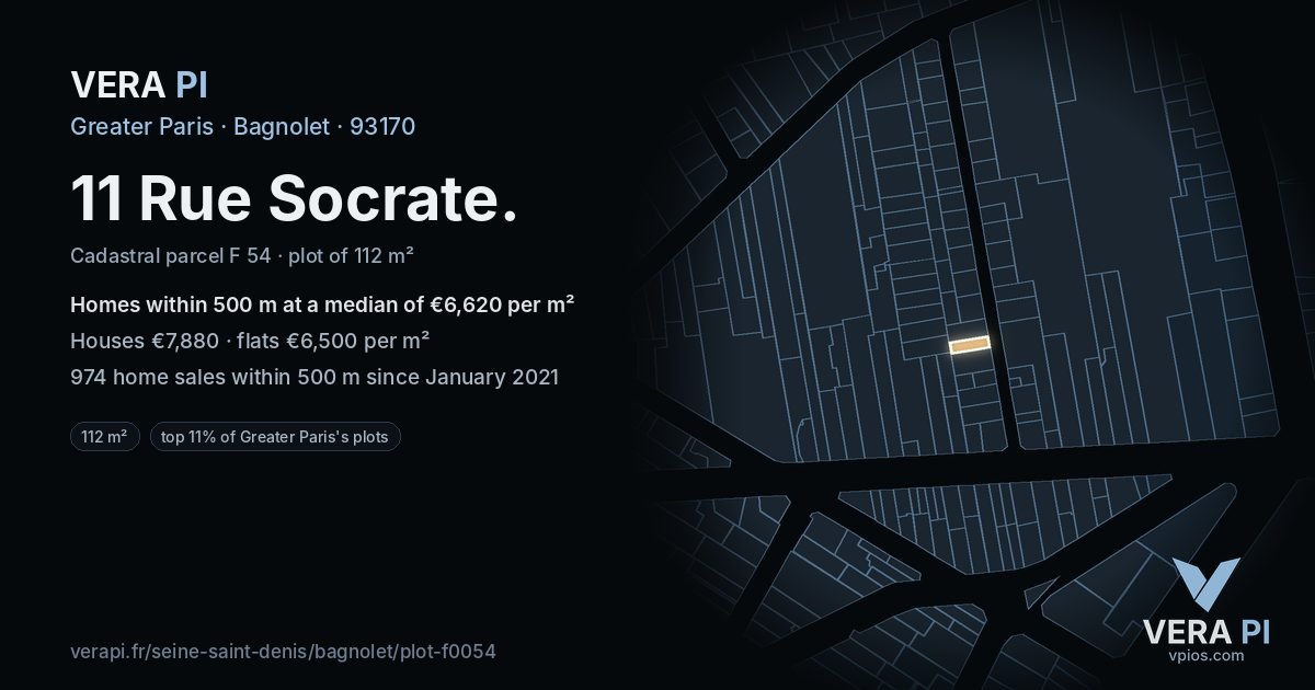 11 Rue Socrate, Bagnolet at night – the plot lit, the parcels around coloured by the prices near them